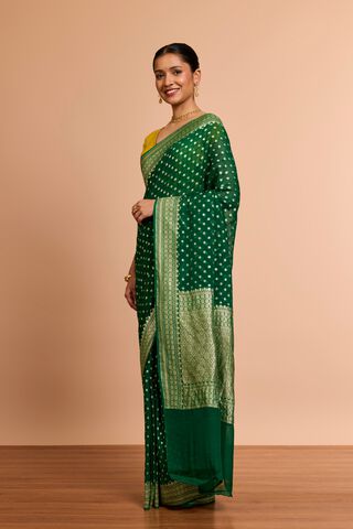 Dark Green Pure Silk Georgette Cutwork Banaras Saree thumbnail image number null