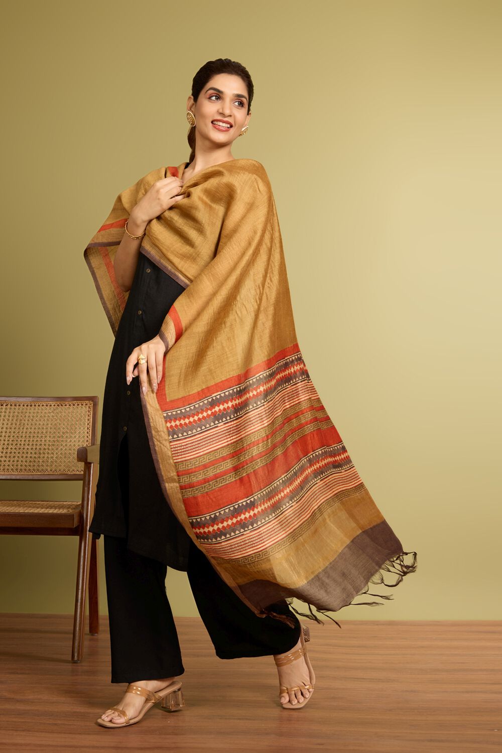 Dark Yellow Block Printed Silk Muga Dupatta image number null