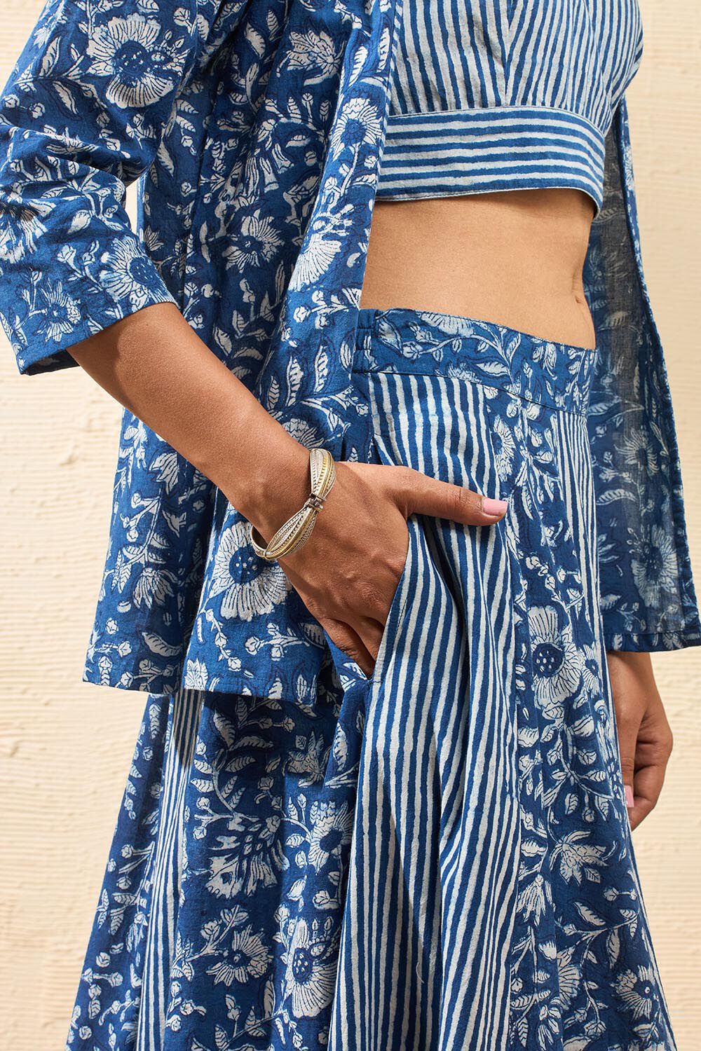 Blue Rajasthan Block Printed Pure Cotton Lehenga image number null