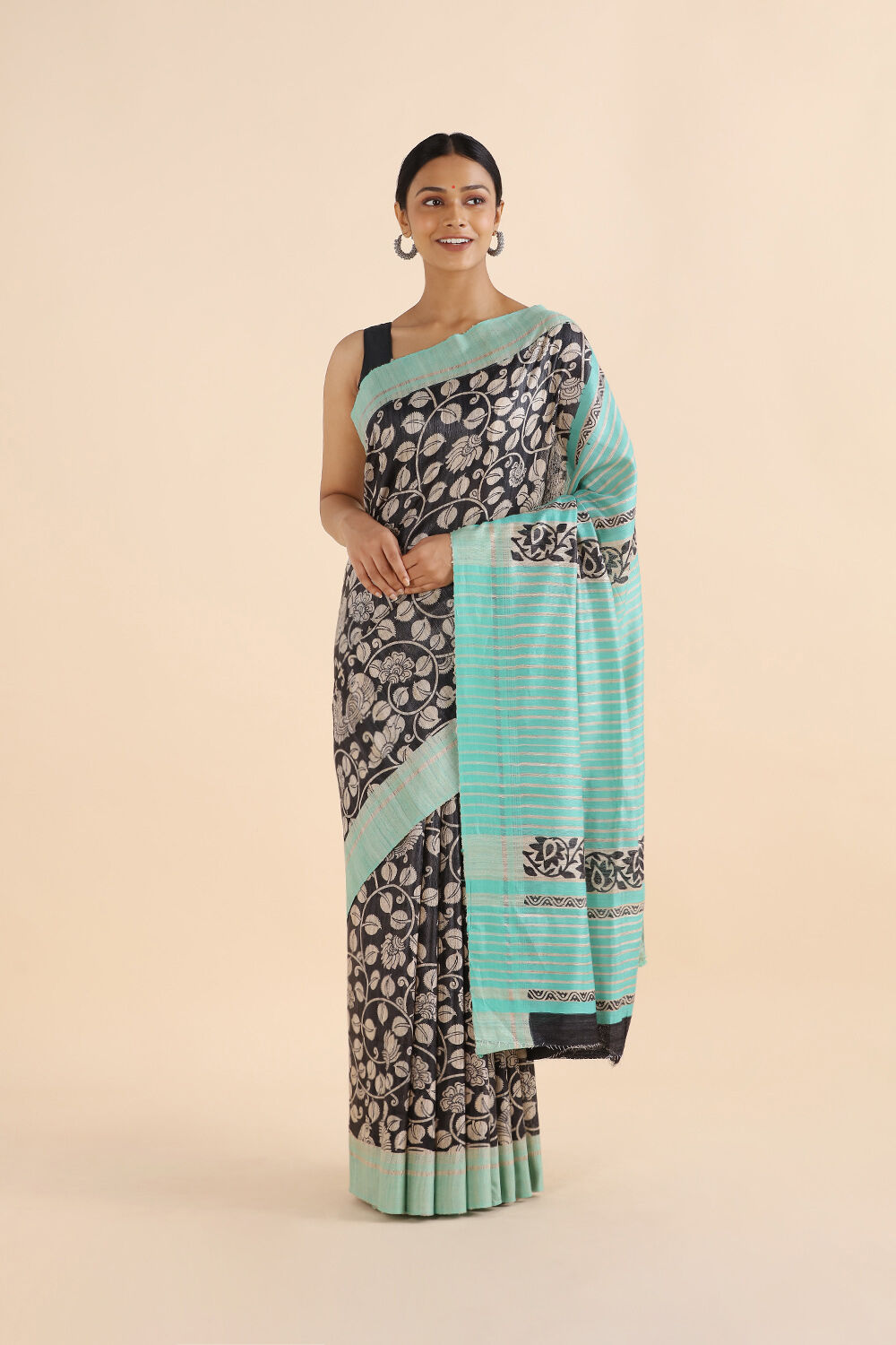 Black Pure Tussar Printed Saree image number null