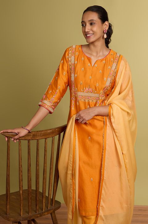 Orange Pure Silk Cotton Embroidered Kurta Set