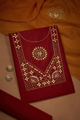 Red Pure Silk Cotton Gotta Patti Embroidered Unstitched Suit Set image number