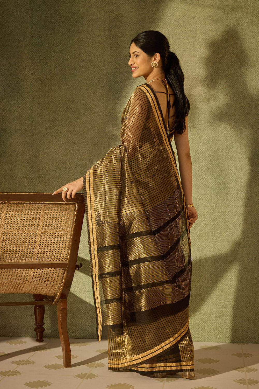 Black Woven Pure Silk Tissue Chanderi Saree image number null