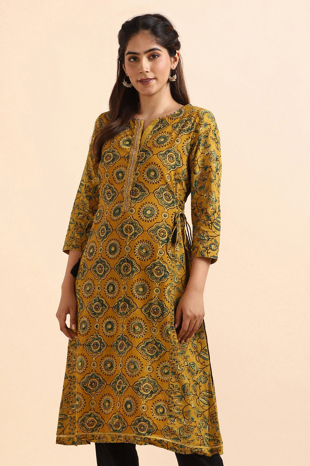 Yellow Ajrakh Block Printed Cotton Kurta image number null