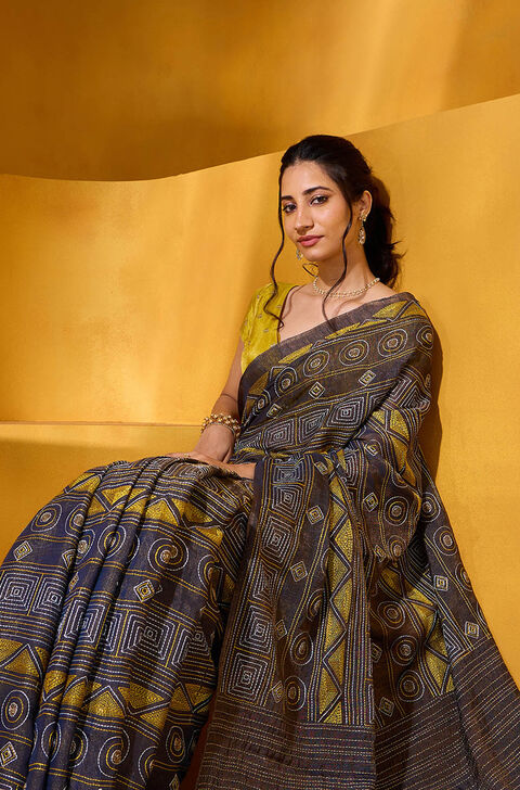 Dark Blue Tissue Linen Embroidered Saree