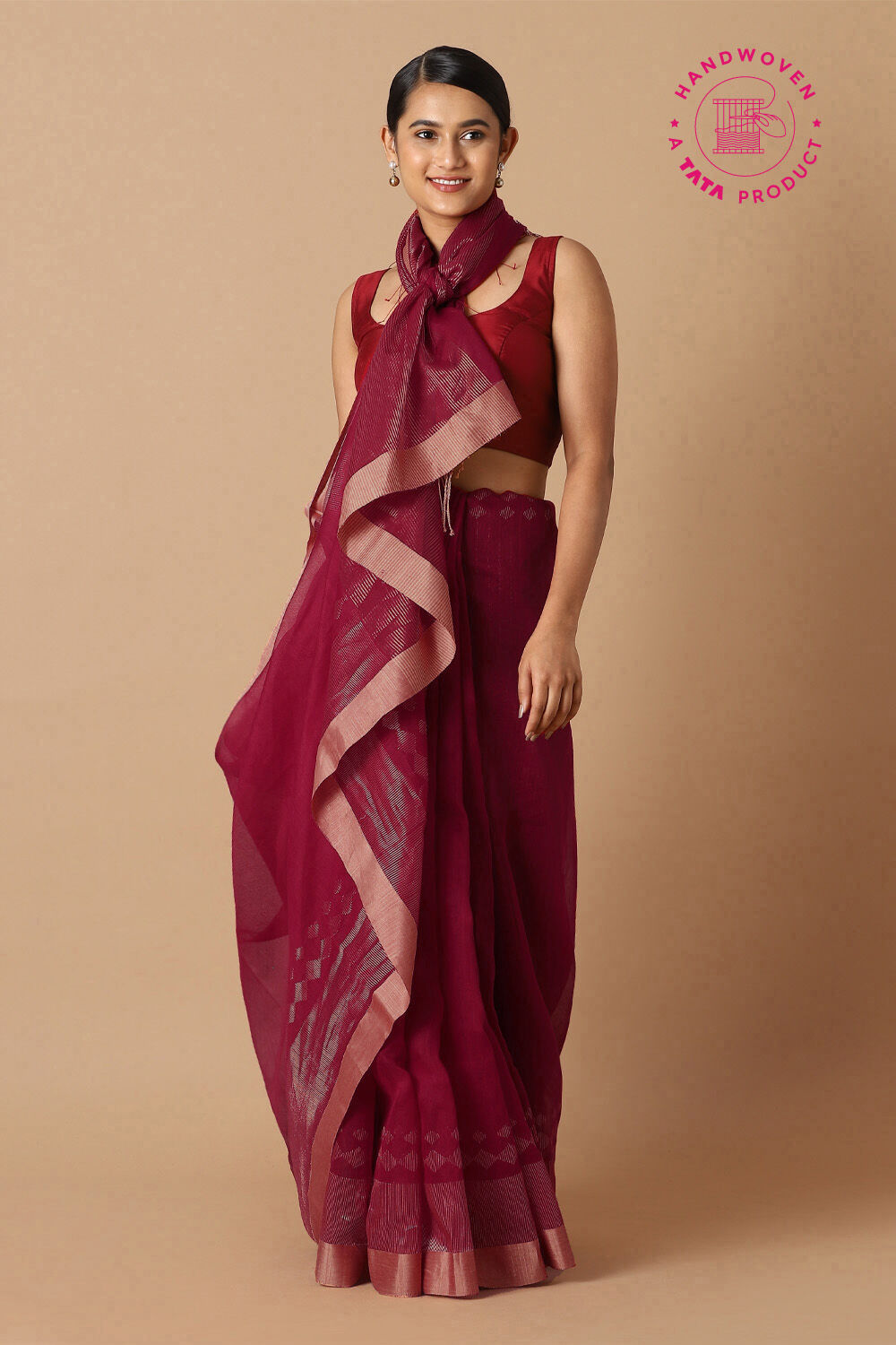Dark Pink Pure Silk Cotton Jamdani Saree image number null