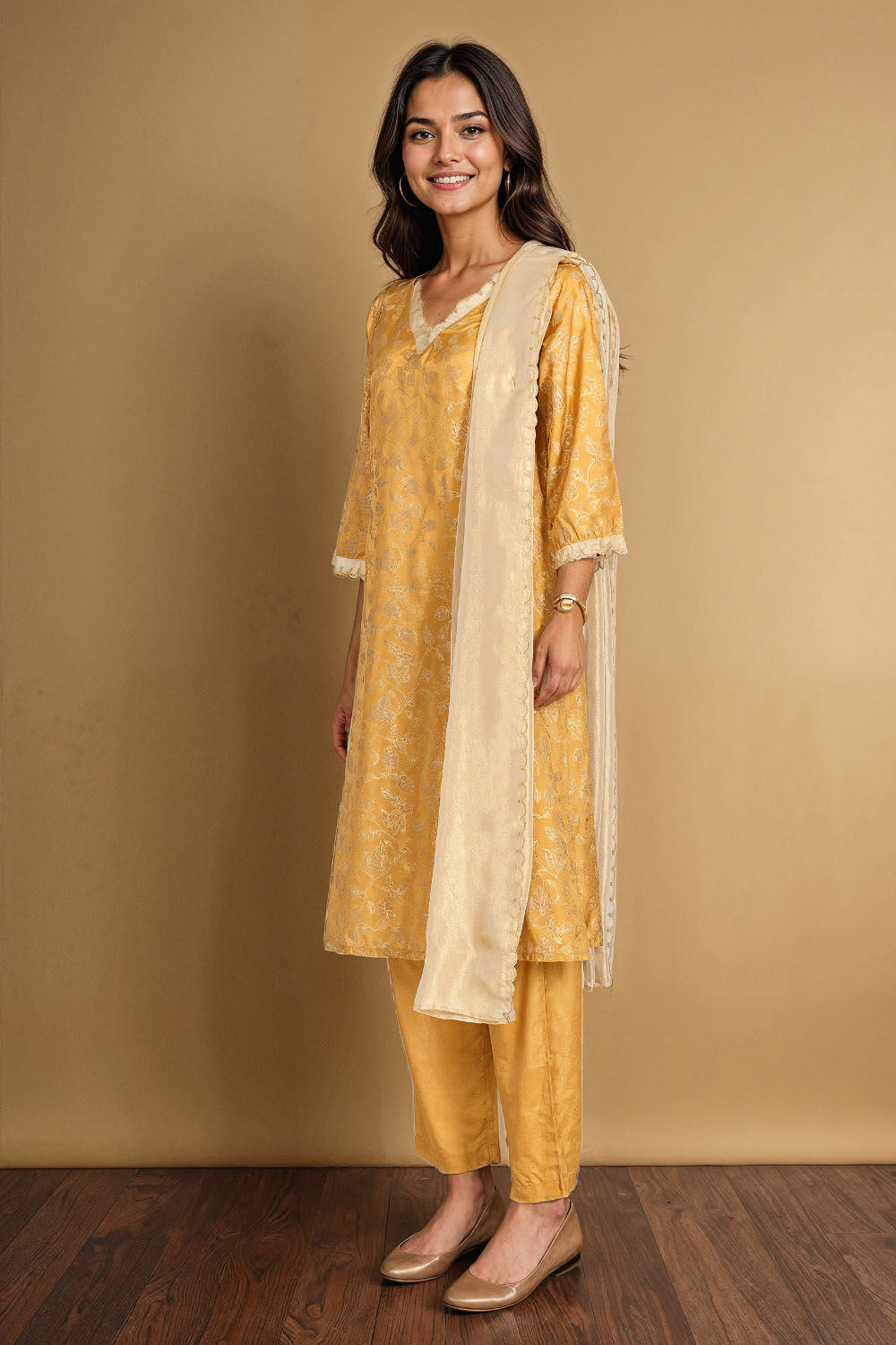Yellow Viscose Block Printed Kurta Set image number null
