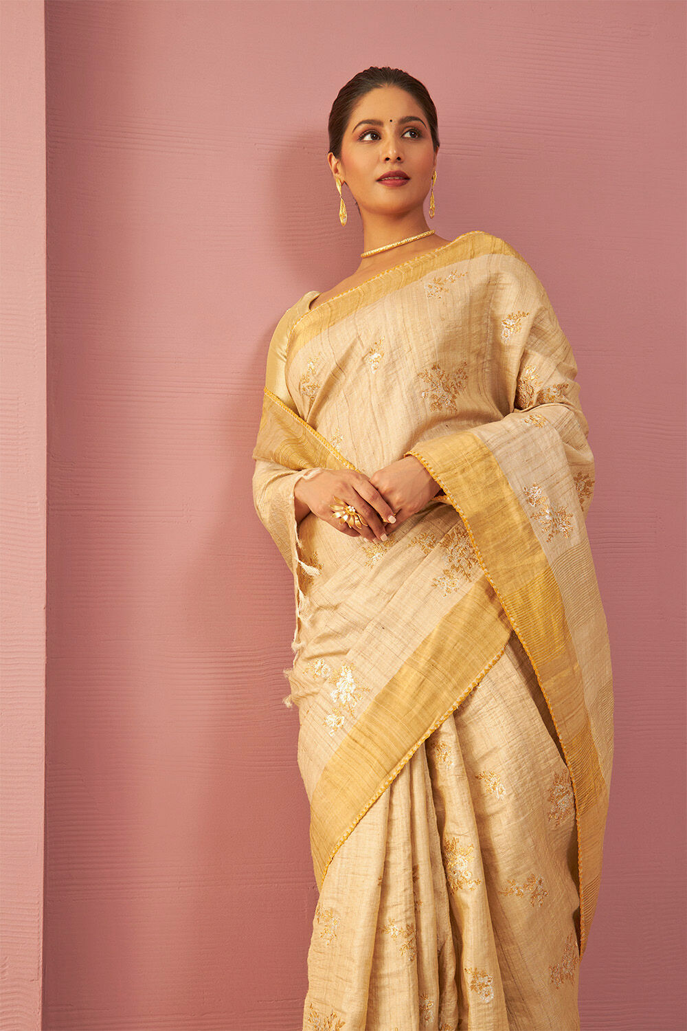 Beige Pure Tussar Silk Embroidered Saree image number null