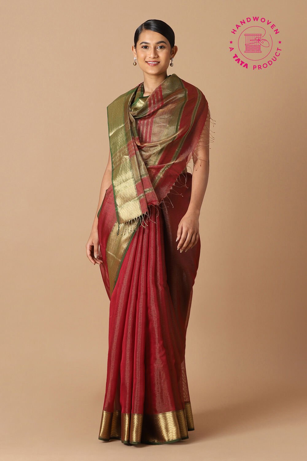 Red Pure Cotton Tissue Maheswari Saree image number null