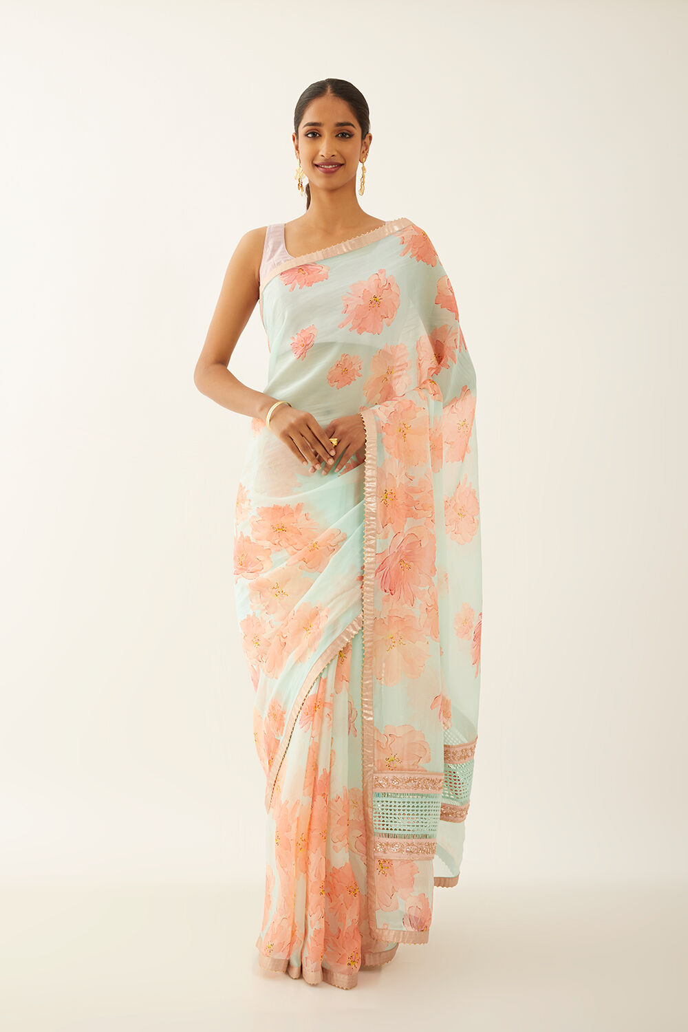 Light Blue Viscose Organza Digital Printed Saree image number null