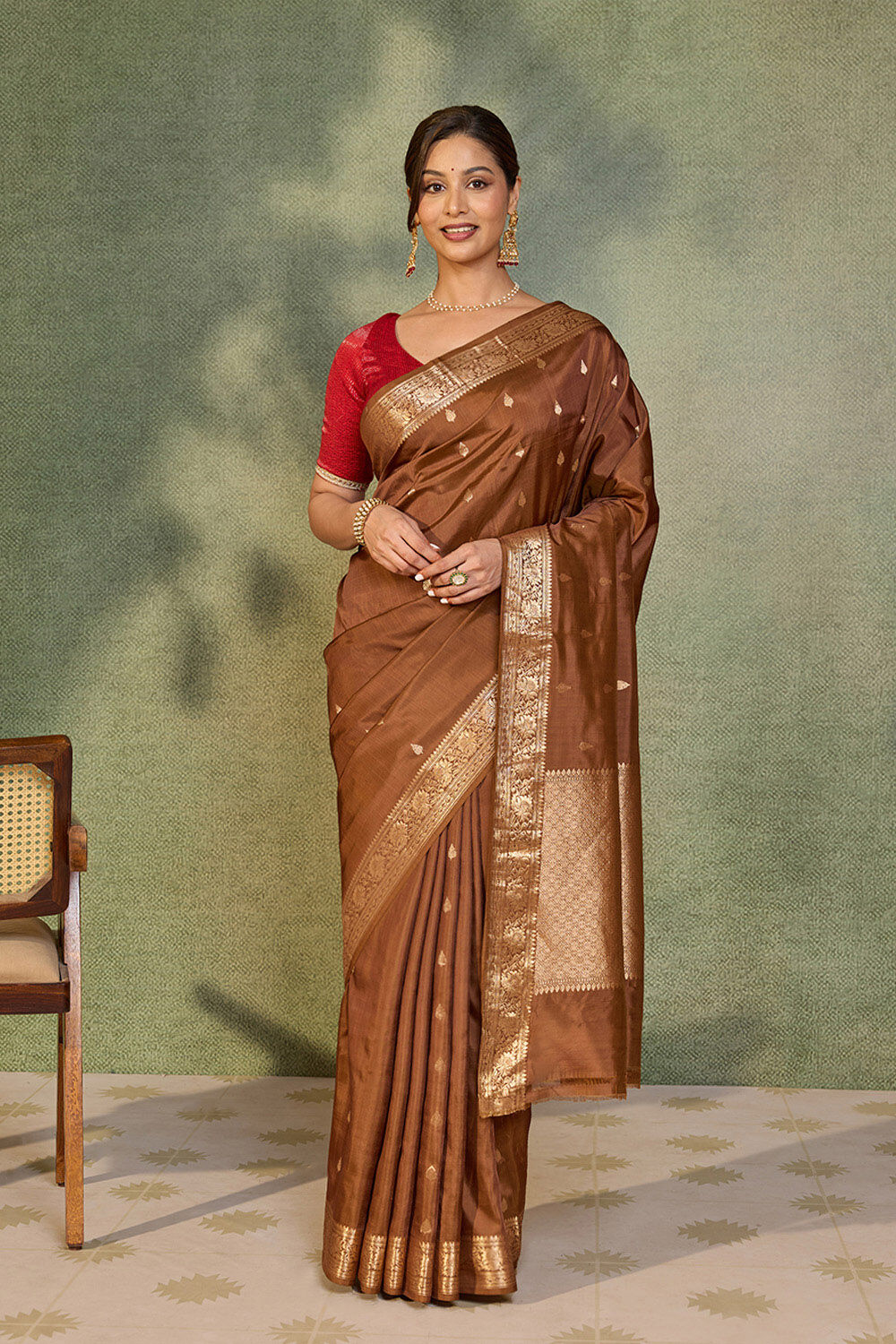 Brown Silk Viscose Cutwork Banaras  Saree image number null