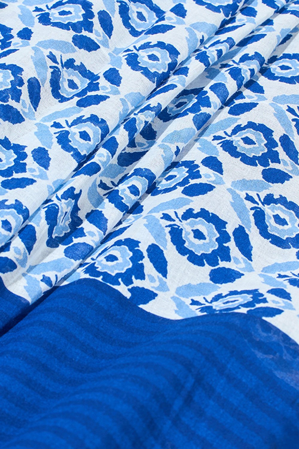 Blue Screen Printed Bengal Pure Mulmul Cotton Saree image number null