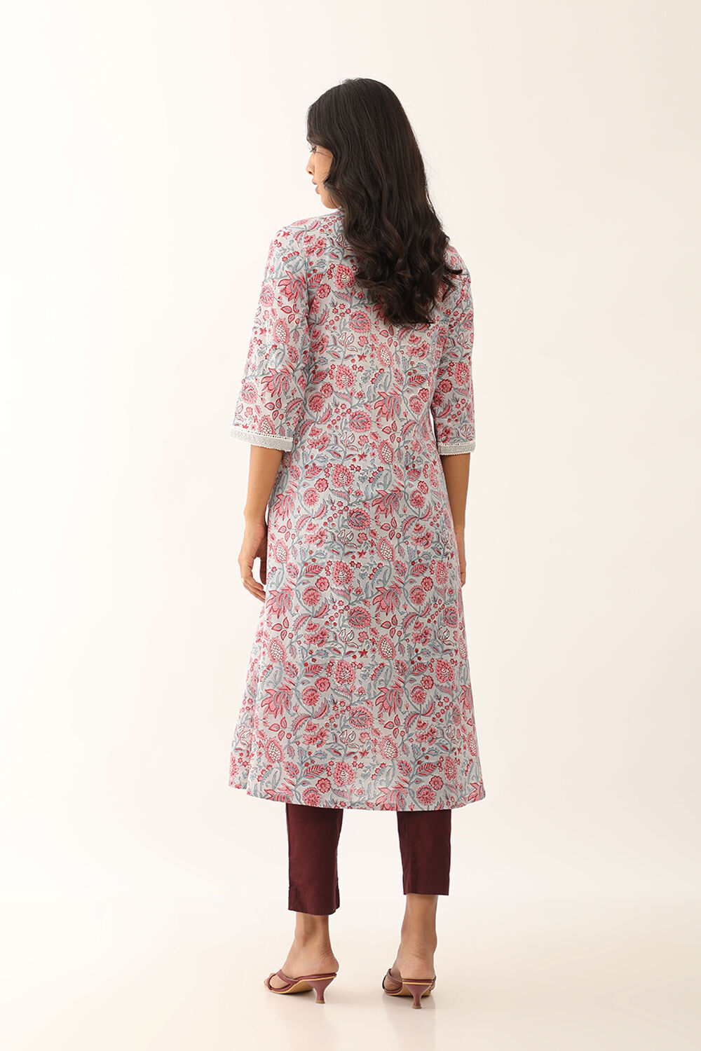 Grey Pure Cotton Block Printed Kurta with Embroidery image number null