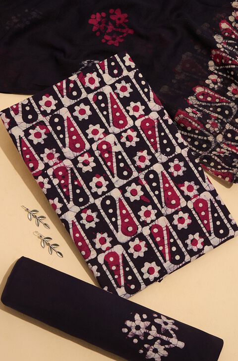 Dark Violet Pure Cotton Batik Unstitched Suit Set