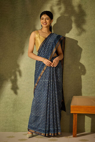 Blue Rajasthan Block Printed Pure Silk Cotton Saree image number