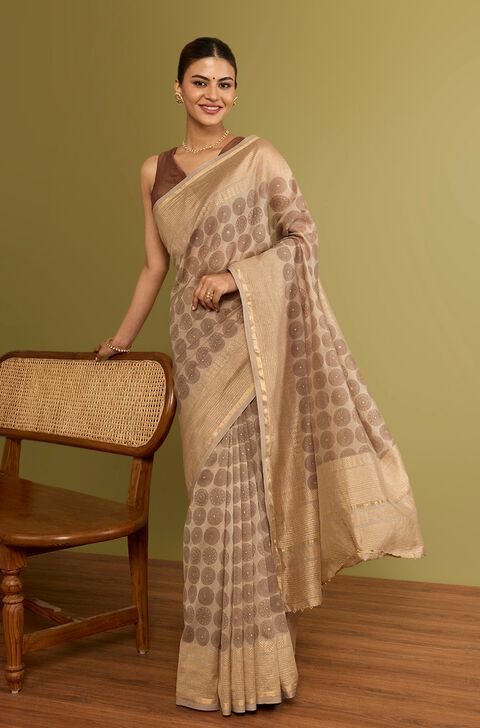 Beige Rajasthan Pure Silk Cotton Printed Sanganeri Saree