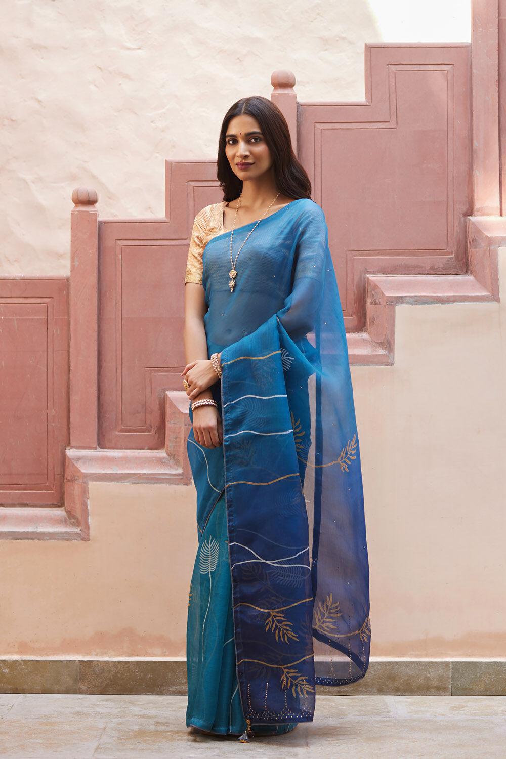 Blue Pure Silk Organza Hand Painted Saree image number null