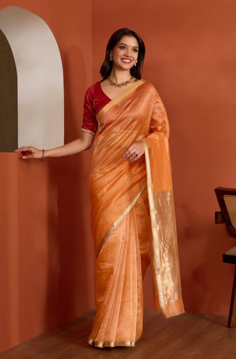 Orange Pure Silk Tissue Chanderi Woven Saree