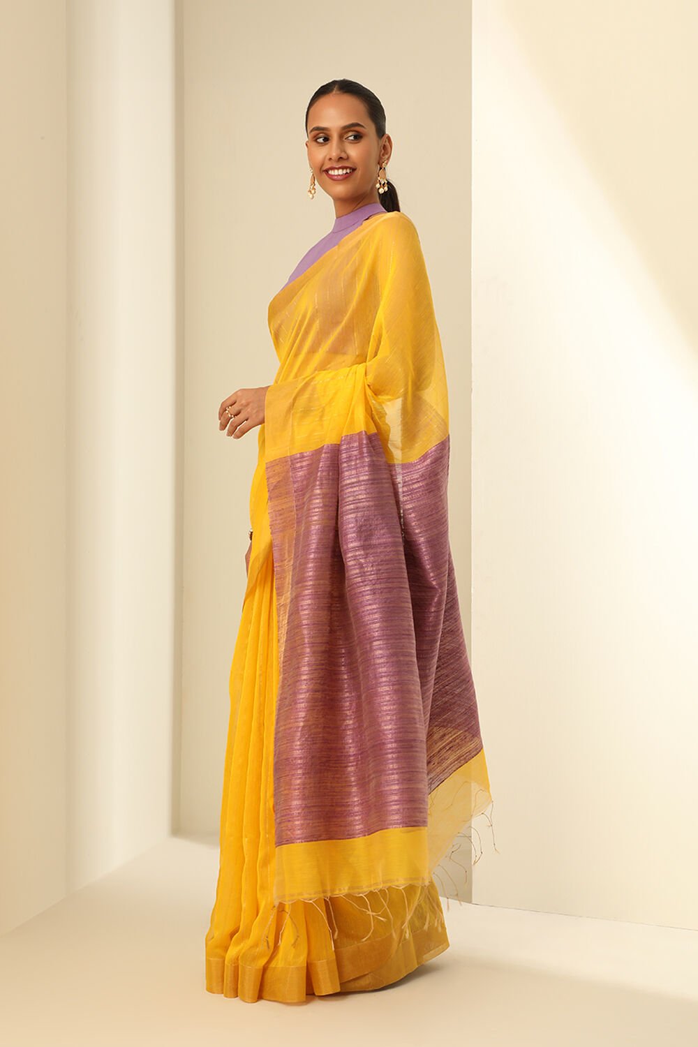 Light Yellow Pure Silk Cotton Woven Bengali Saree image number null