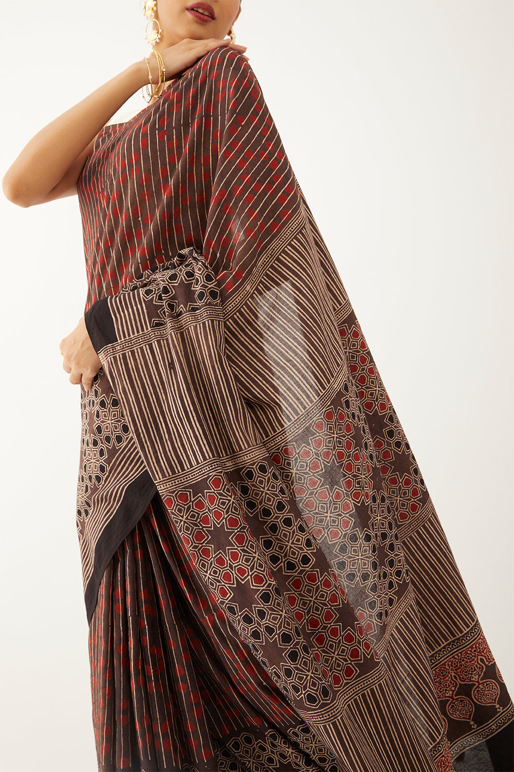 Brown Pure Cotton Ajrakh Block Print Saree image number null