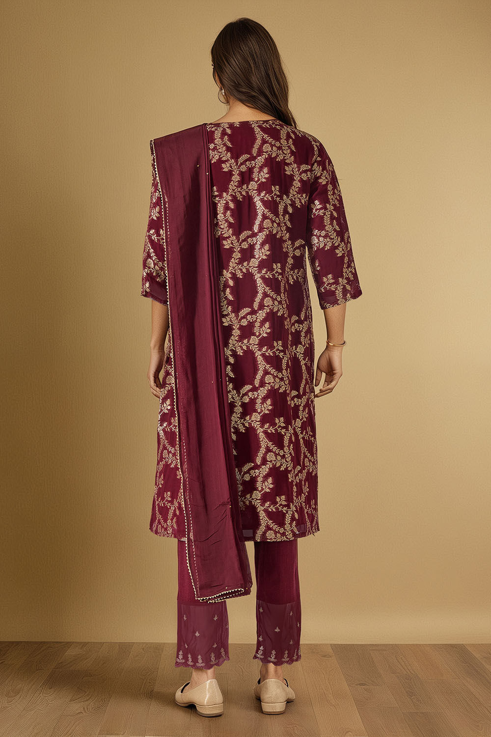 Dark Red Brocade Viscose Kurta Set image number null