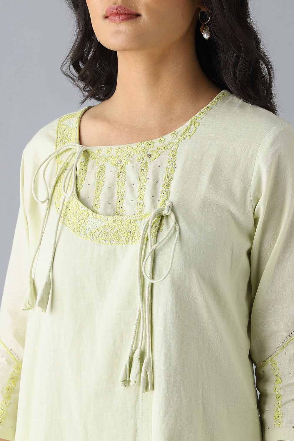 Light Green Embroidered Cotton Kurta image number null
