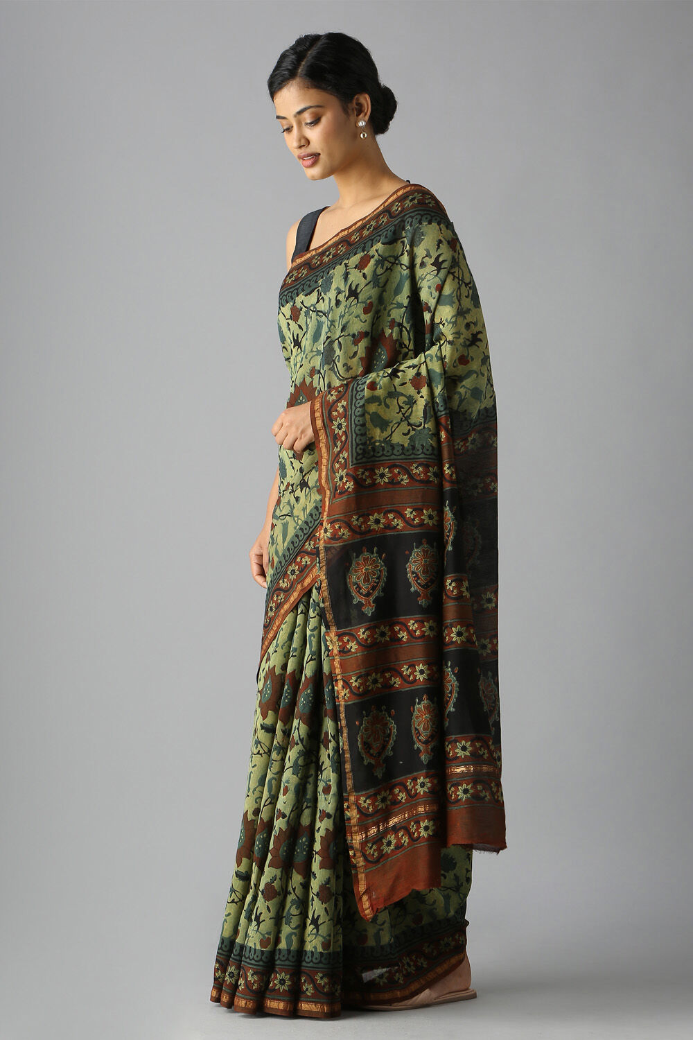 Light Green Pure Silk Cotton Bagru Printed Saree image number null