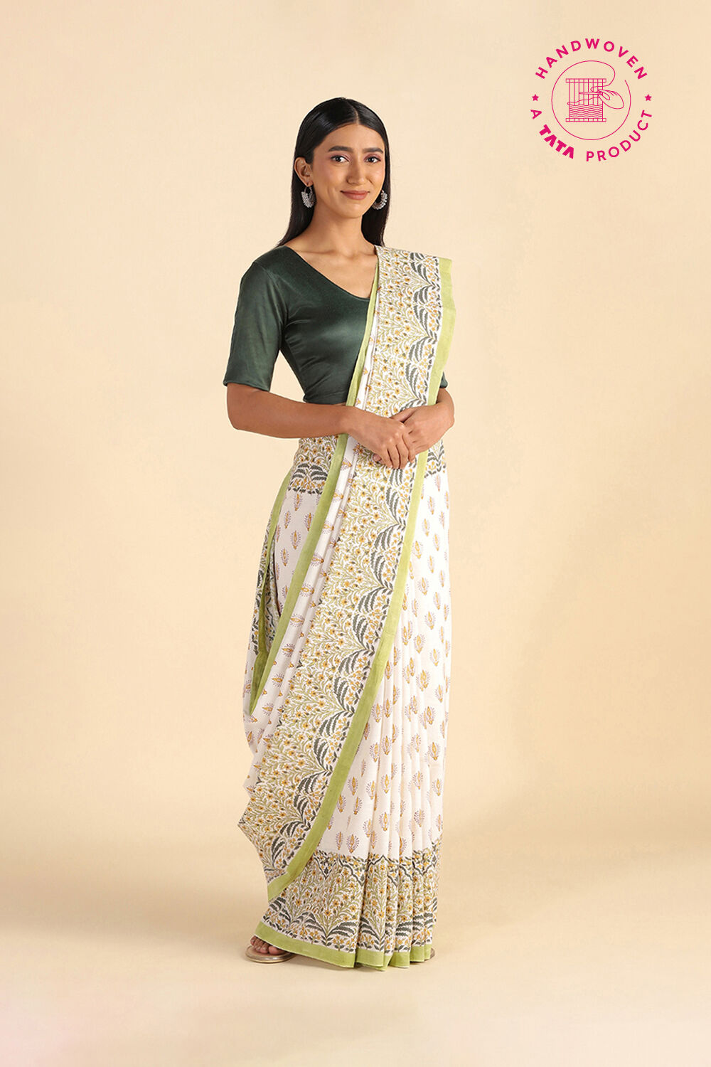 Off White Pure Khadi Cotton Block Print Sanganeri Saree image number null
