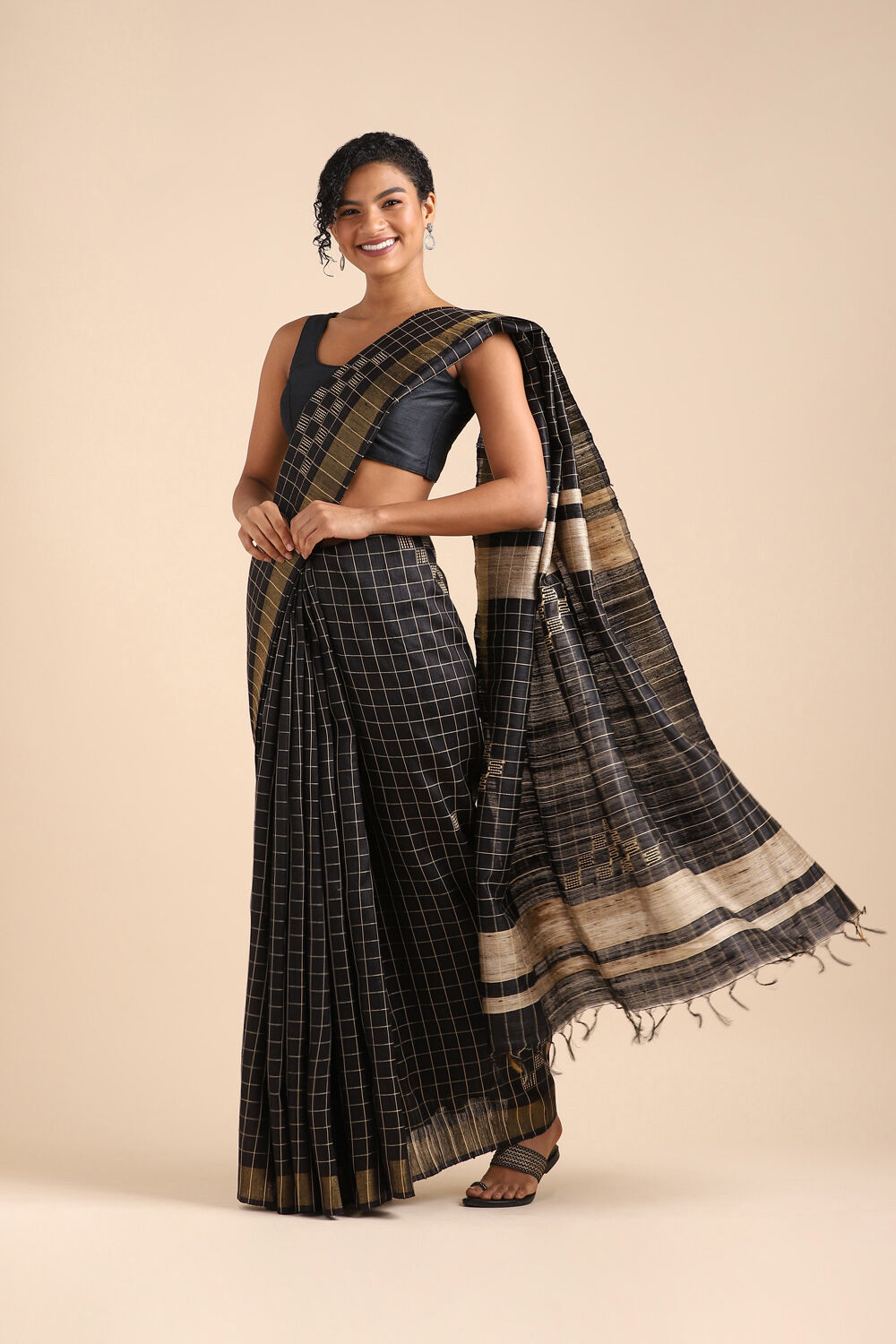 Black Pure Tussar Silk Bhagalpuri Saree image number null