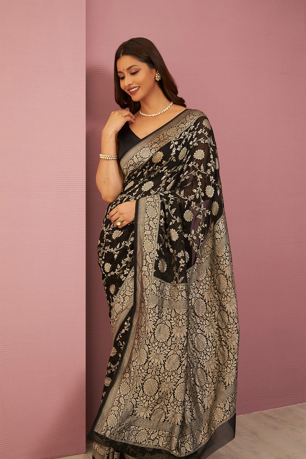Black Pure Silk Georgette Cutwork Banaras Saree image number null
