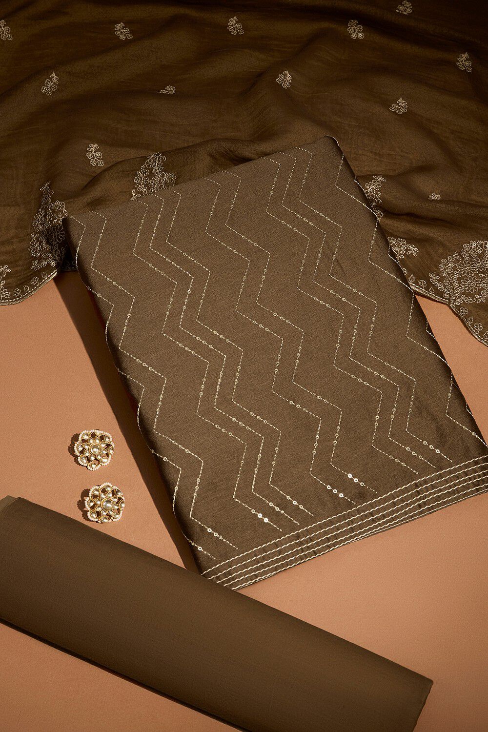 Brown Pure Silk Cotton Embroidered Unstitched Suit Set image number null
