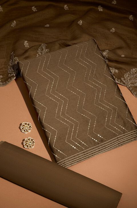 Brown Pure Silk Cotton Embroidered Unstitched Suit Set