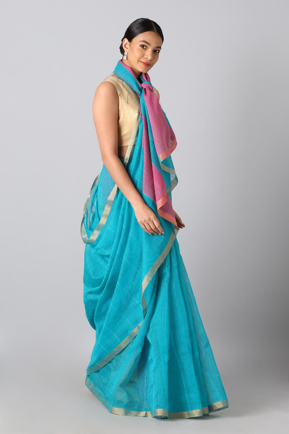 Light Blue Pure Silk Bengal Saree image number null