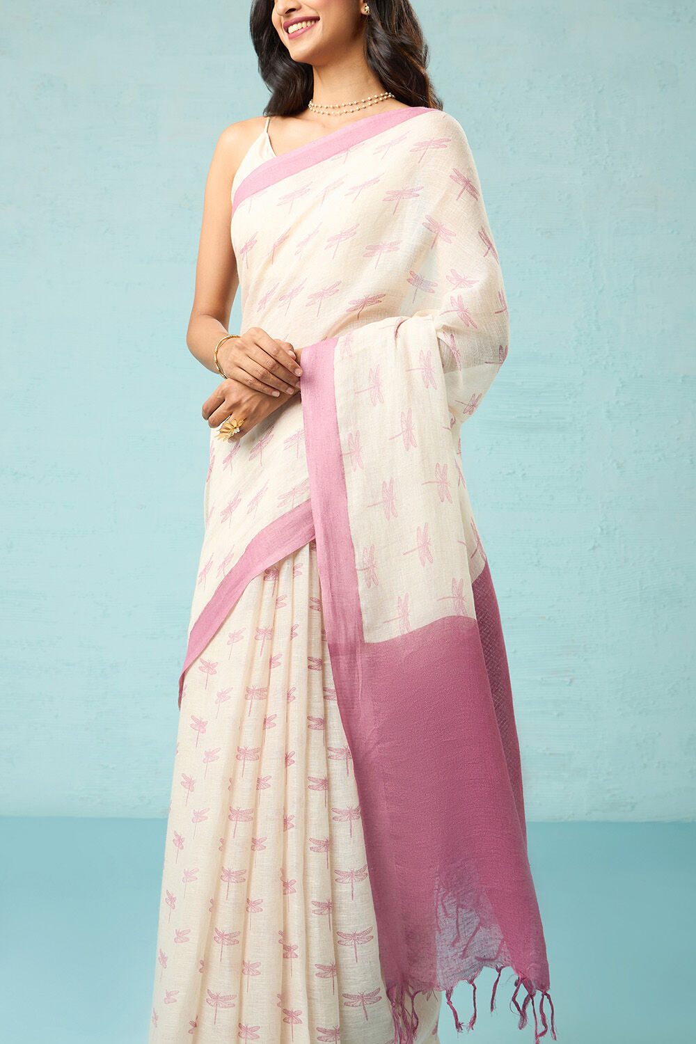 Off White Screen Printed Pure Linen Saree image number null
