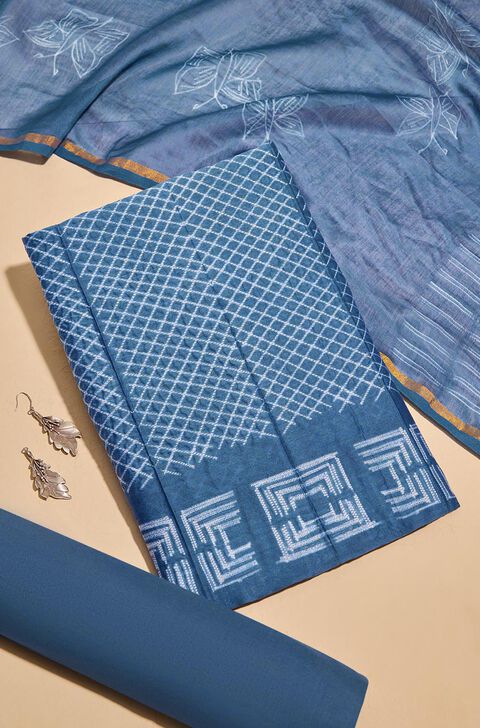Dark Blue Pure Silk Cotton Tie and Dye Shibori Unstitched Suit Set