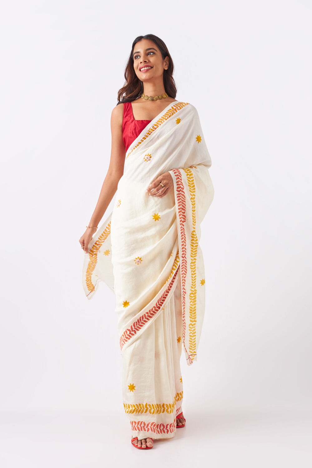 Off White Pure Silk Hand Painted Saree image number null