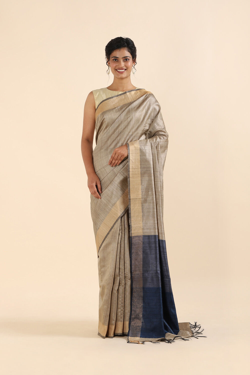 Beige Pure Tussar Silk Bhagalpuri Saree image number null