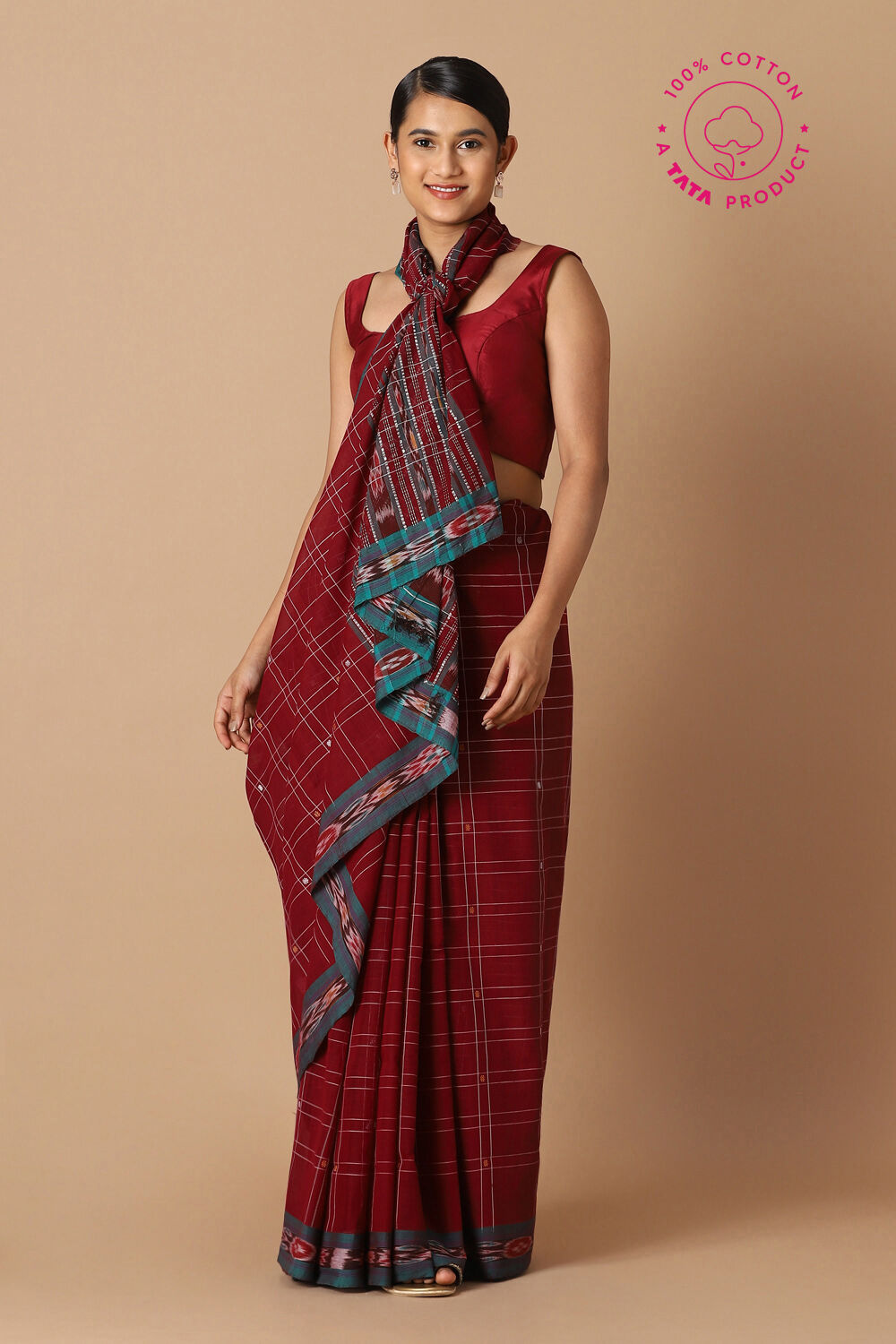 Red Pure Cotton Sambalpuri Ikat Saree image number null