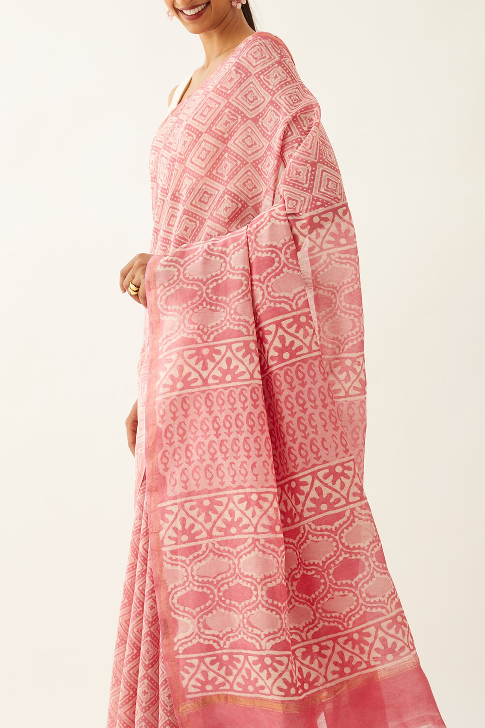 Pink Pure Silk Cotton Dabu Printed Saree image number null