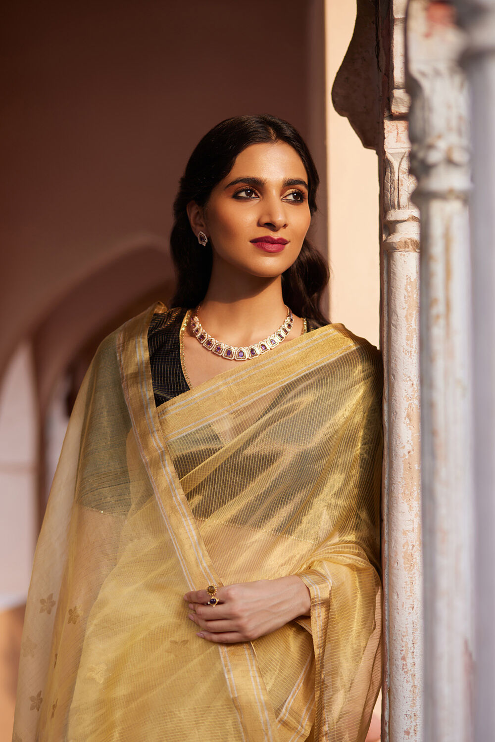 Yellow Woven Pure Silk Tissue Chanderi Saree image number null