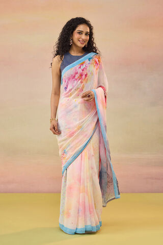 Light Pink Bengal Printed Embroidered Viscose Georgette Saree image number