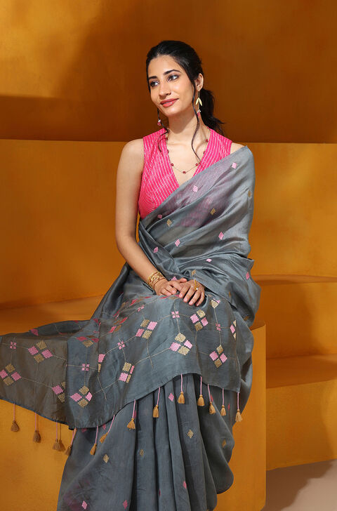 Grey Embroidered Silk Tencel Saree