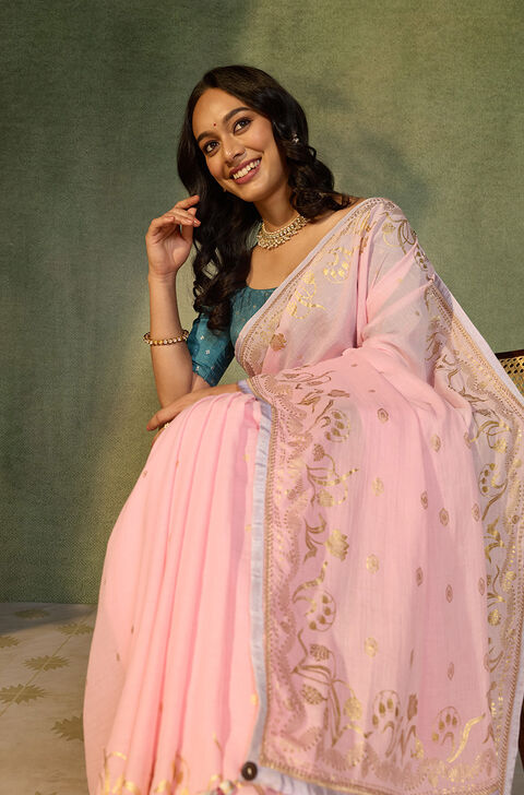 Pink Printed Cotton Viscose Saree