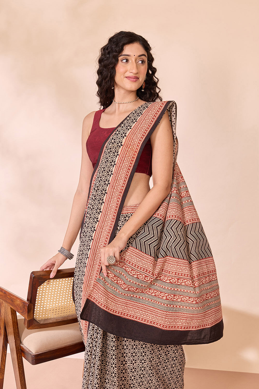 Black Rajasthan Block Printed Pure Cotton Saree image number null
