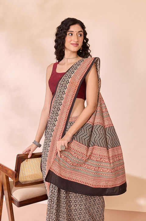 Black Rajasthan Block Printed Pure Cotton Saree