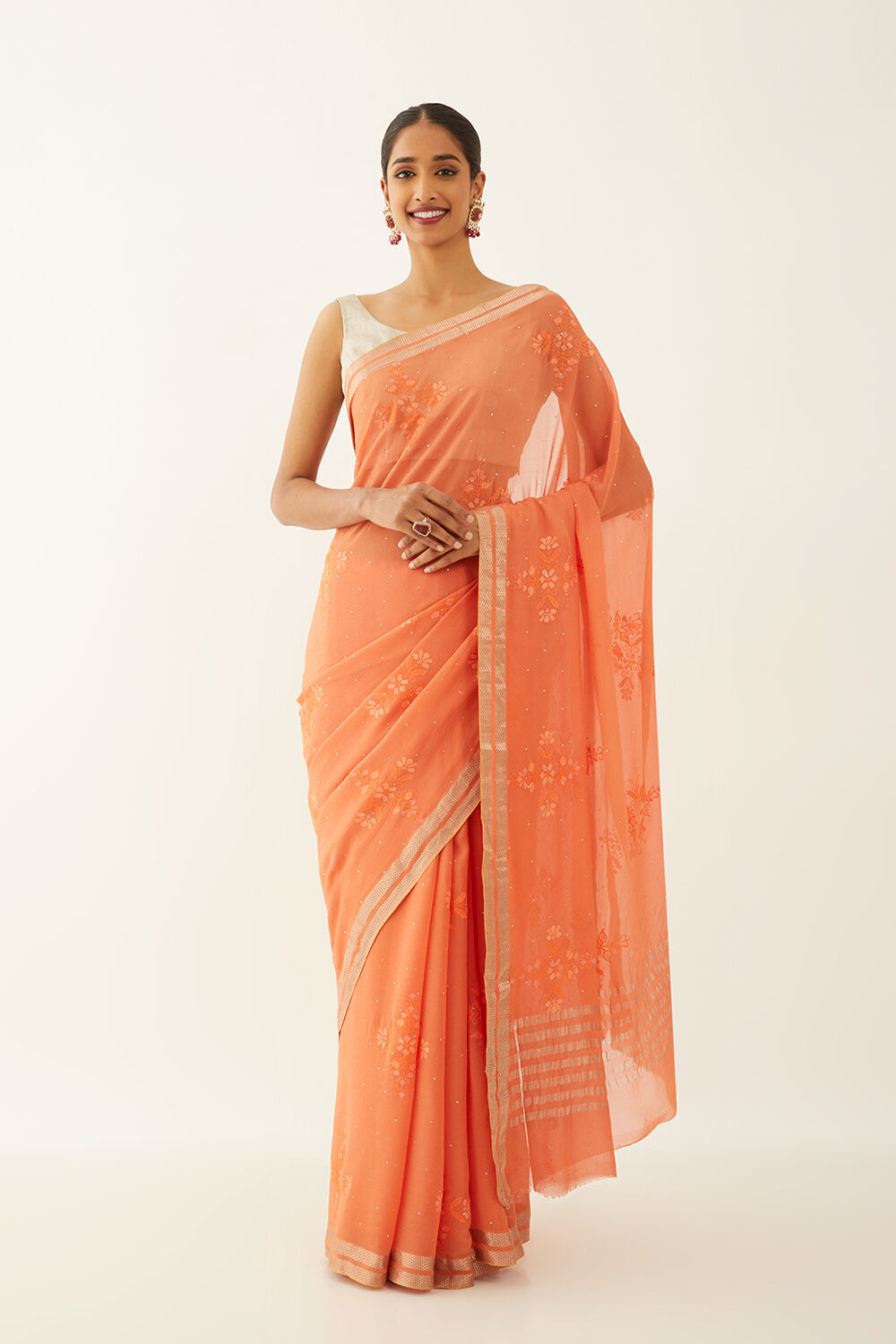 Light Orange Pure Chiffon Embroidered Saree image number null