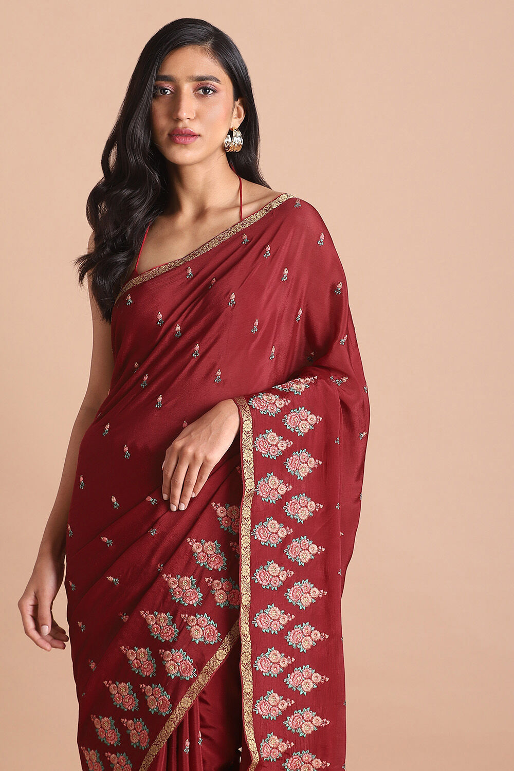 Dark Pure Red Viscose Embroidered Saree image number null
