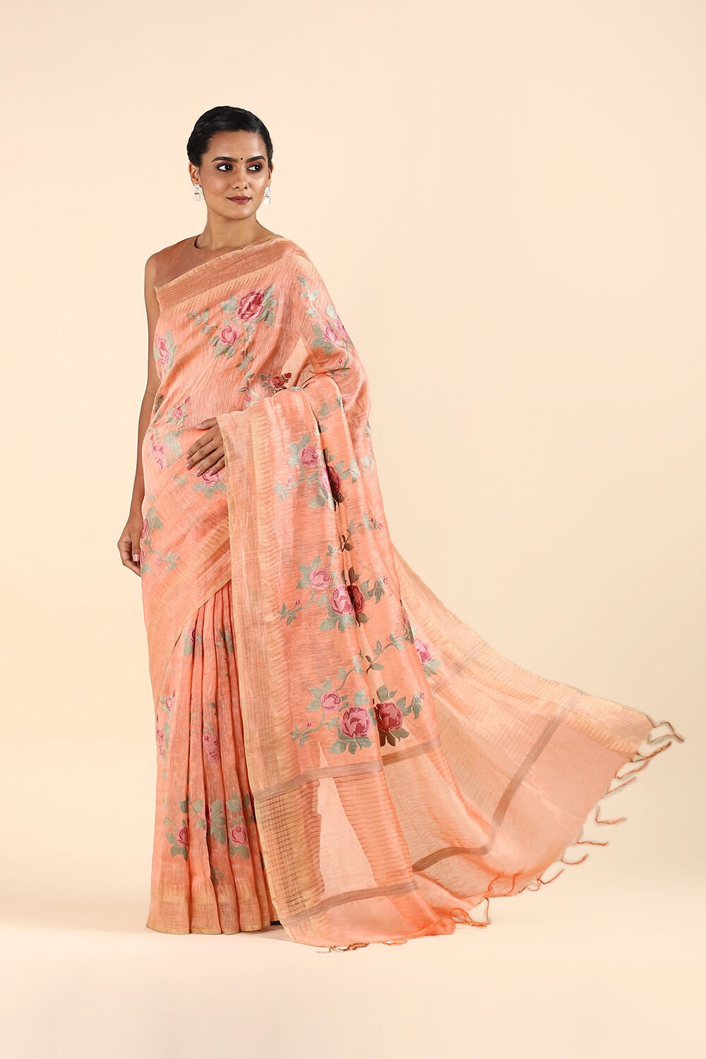 Light Orange Pure Silk Linen Embroidered Saree image number null