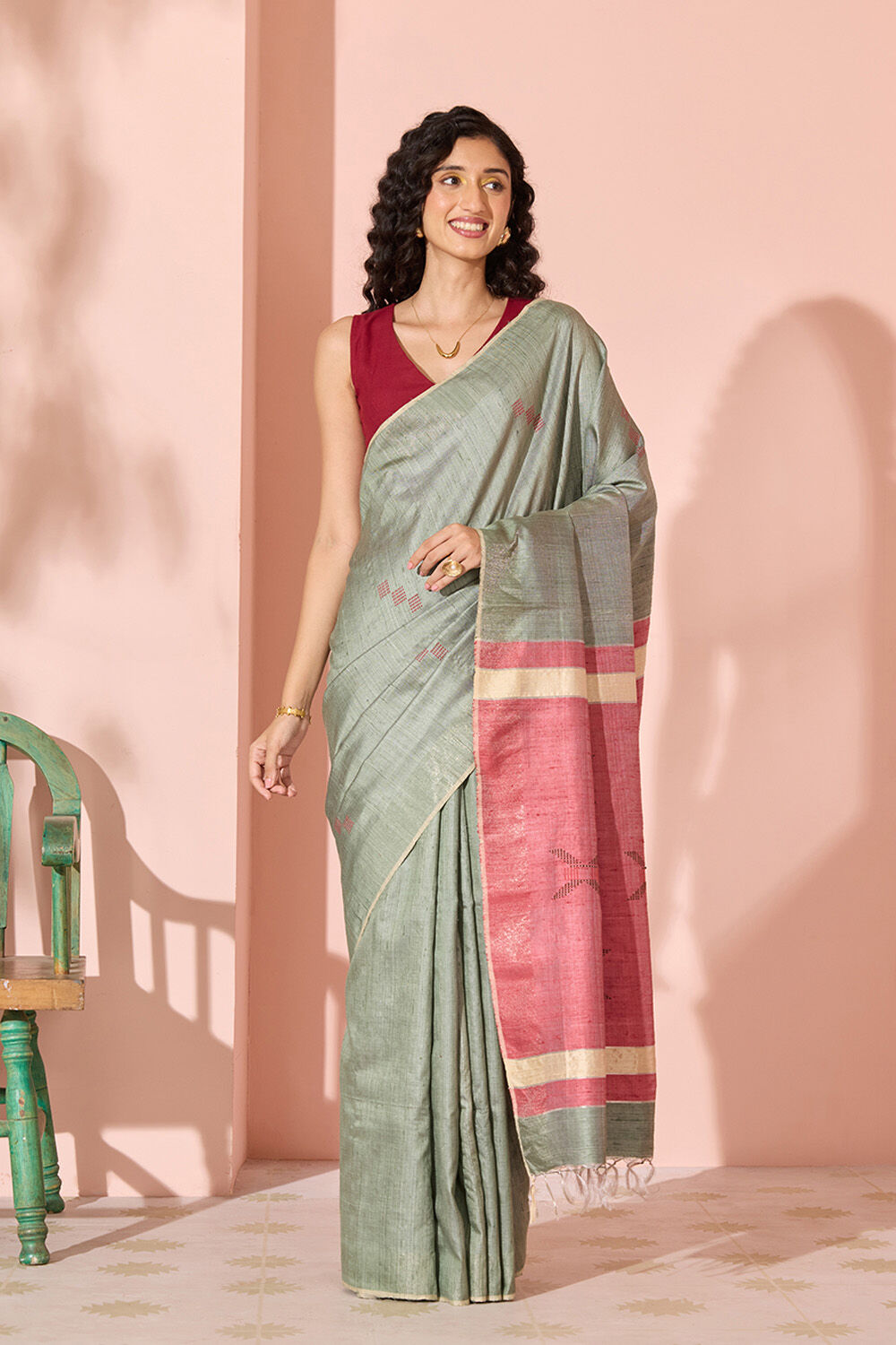 Dark Green Woven Pure Tussar Silk Bhagalpur Saree image number null