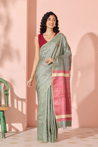 Dark Green Woven Pure Tussar Silk Bhagalpur Saree thumbnail image number null